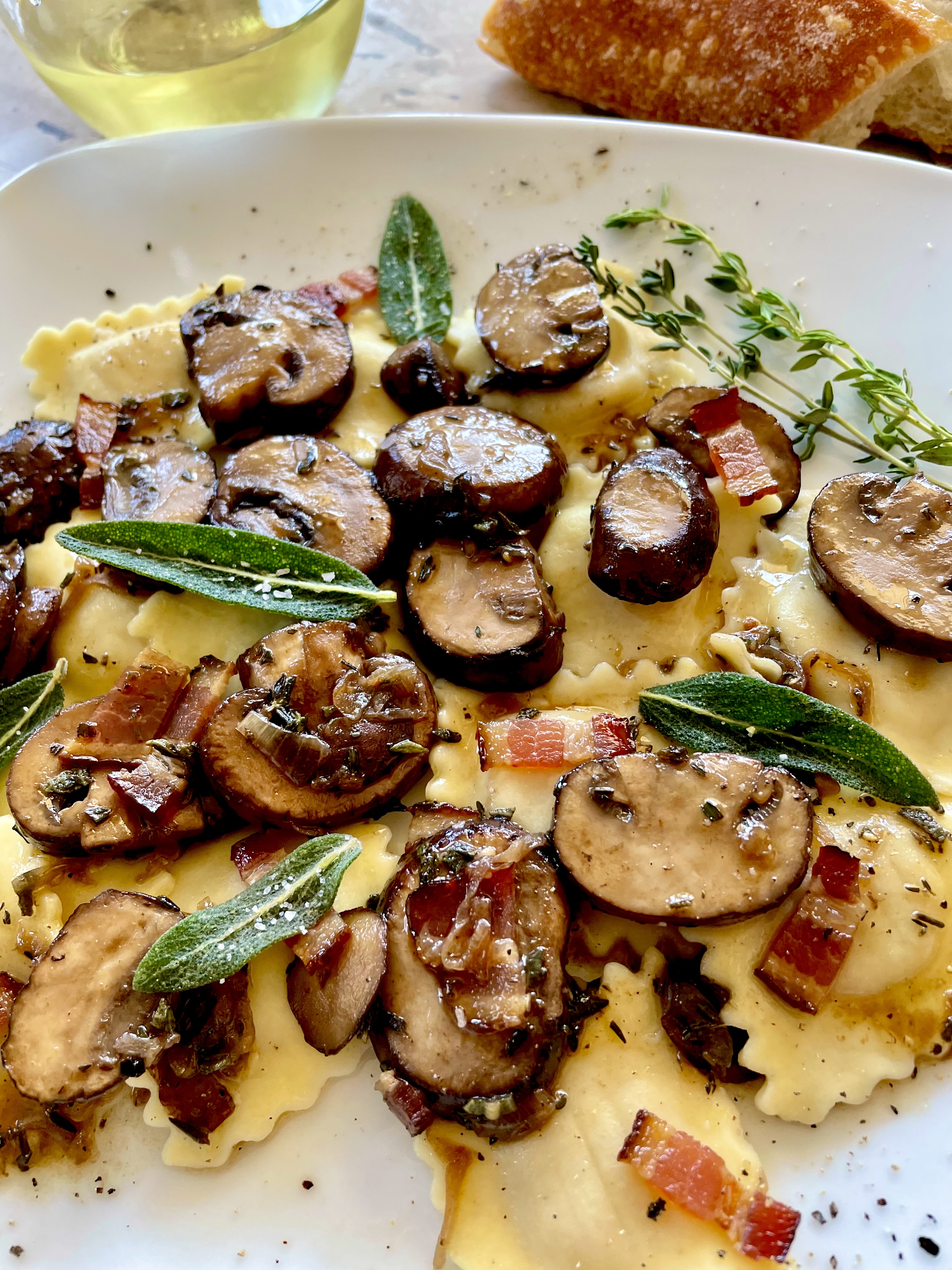 Ravioli With Balsamic Mushrooms & Bacon - Its Thyme 2 Cook