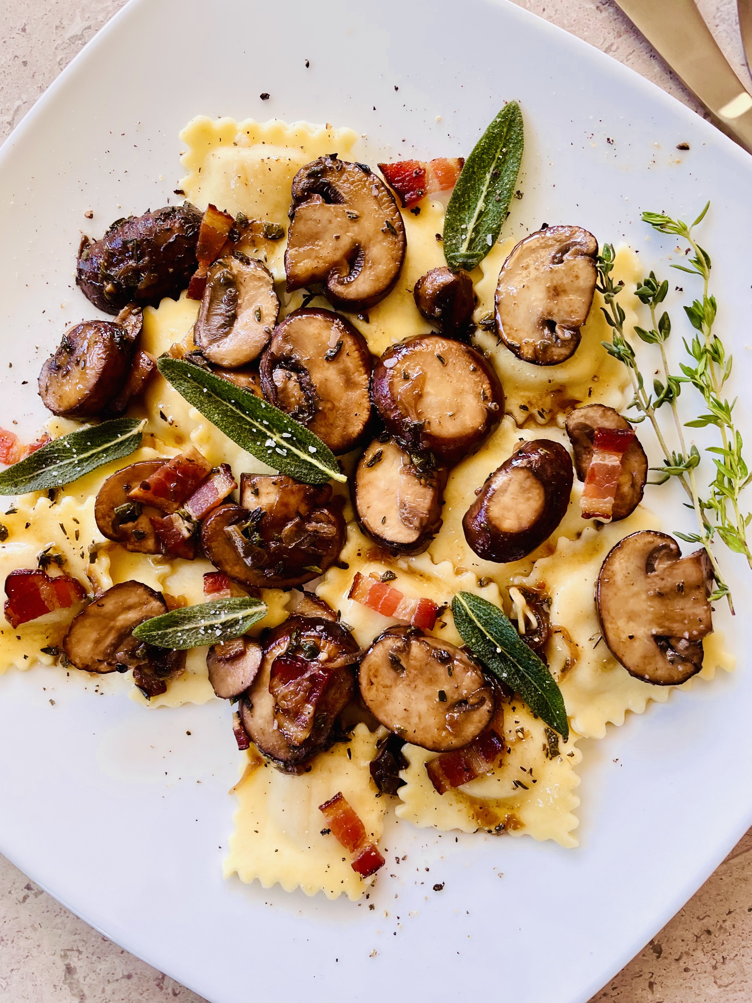 Ravioli With Balsamic Mushrooms & Bacon - Its Thyme 2 Cook